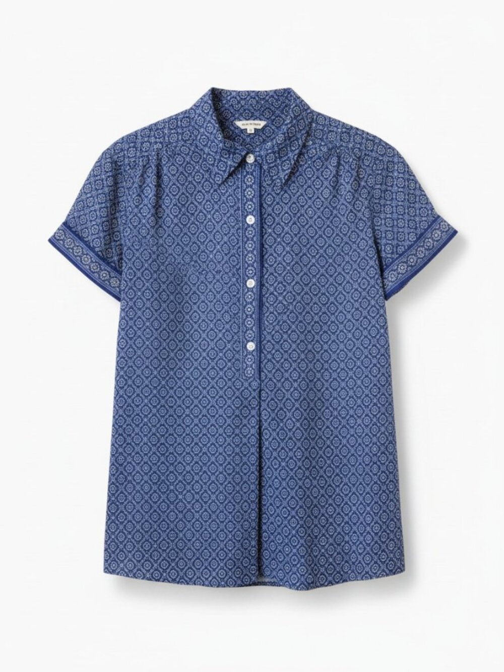 MAX STUDIO Blue Short Sleeve Button-Up Womens Large Shirt With Floral Geometric